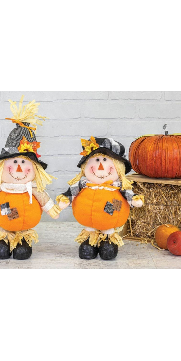 13" Ember Beige Pumpkin Scarecrow: Girl - Michelle's aDOORable Creations - Fall Decor