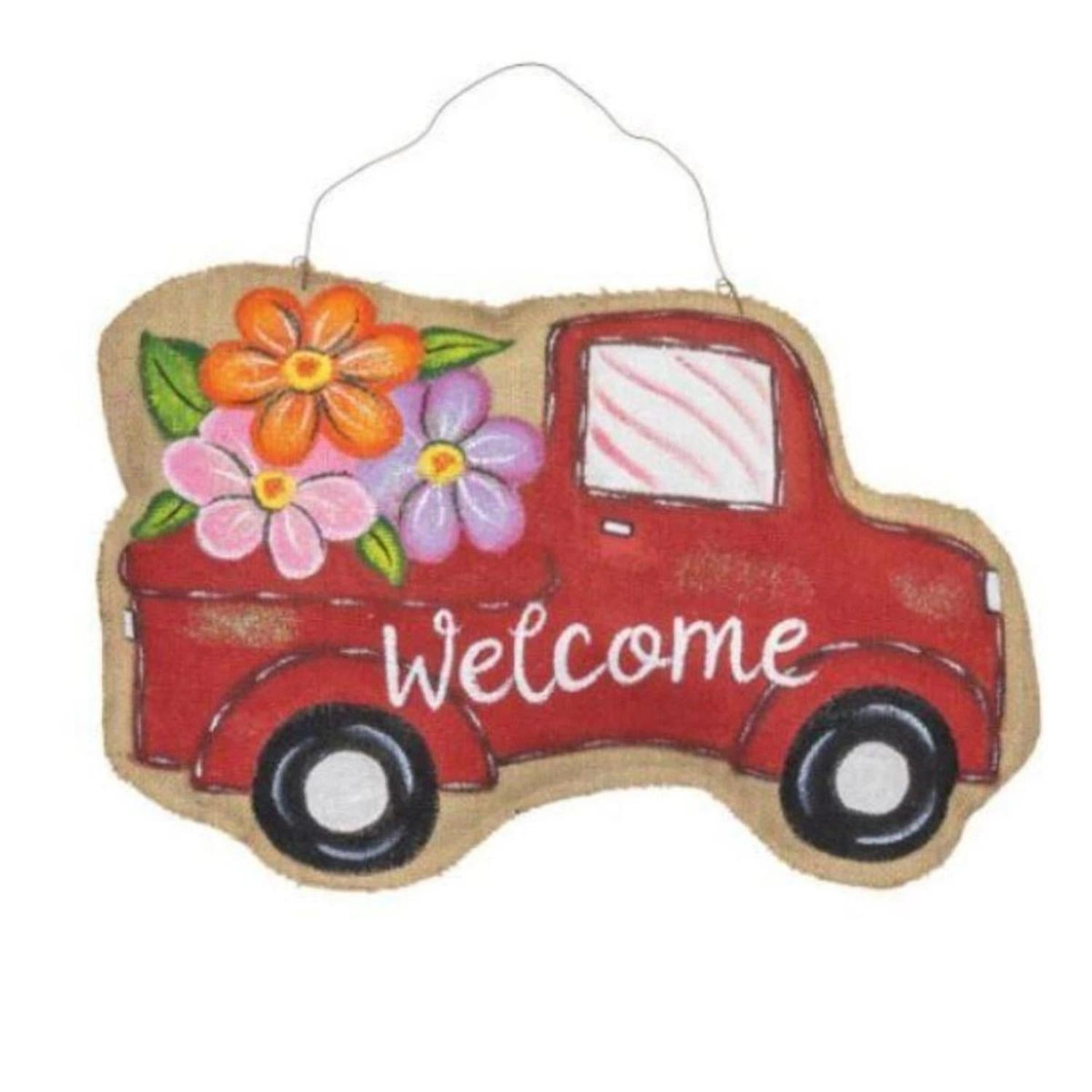 13" Floral Burlap Welcome Door Hanger: Red