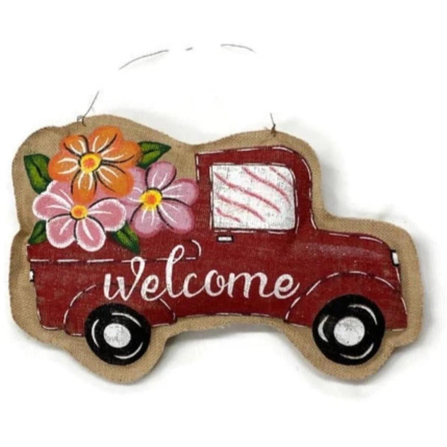 13" Floral Burlap Welcome Door Hanger: Red