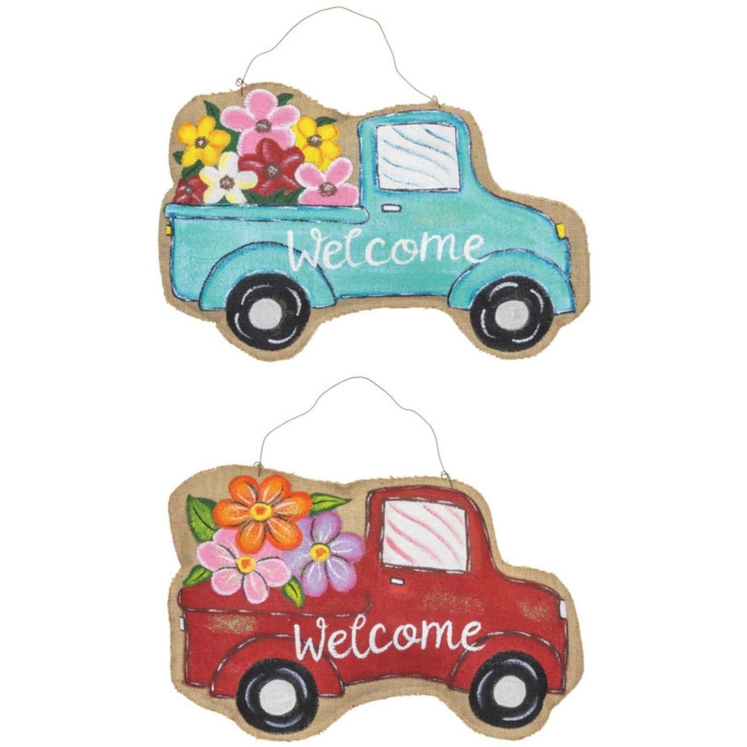 13" Floral Burlap Welcome Door Hanger: Red