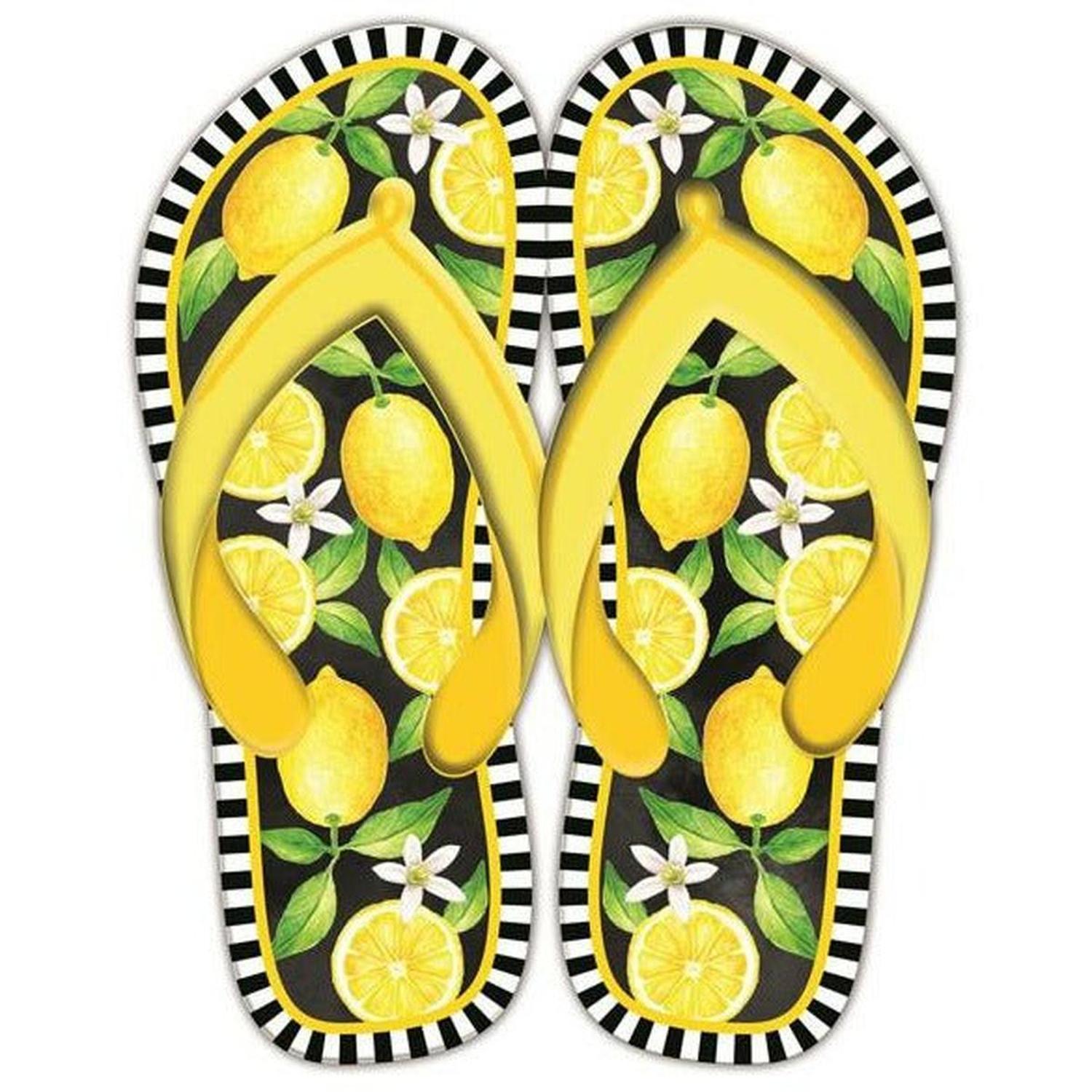 13" Metal Embossed Flip Flops: Lemon Black