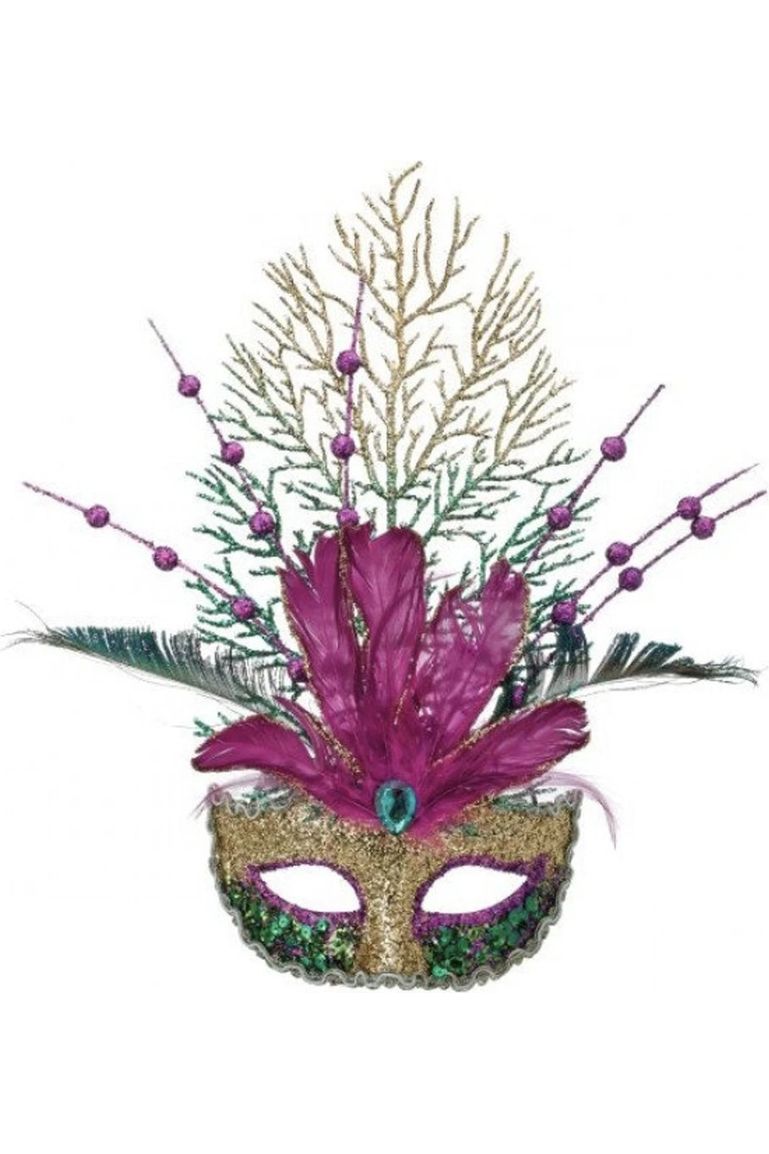 14" Glitter Feather Mardi Gras Mask Ornament - Michelle's aDOORable Creations - Wreath Enhancement