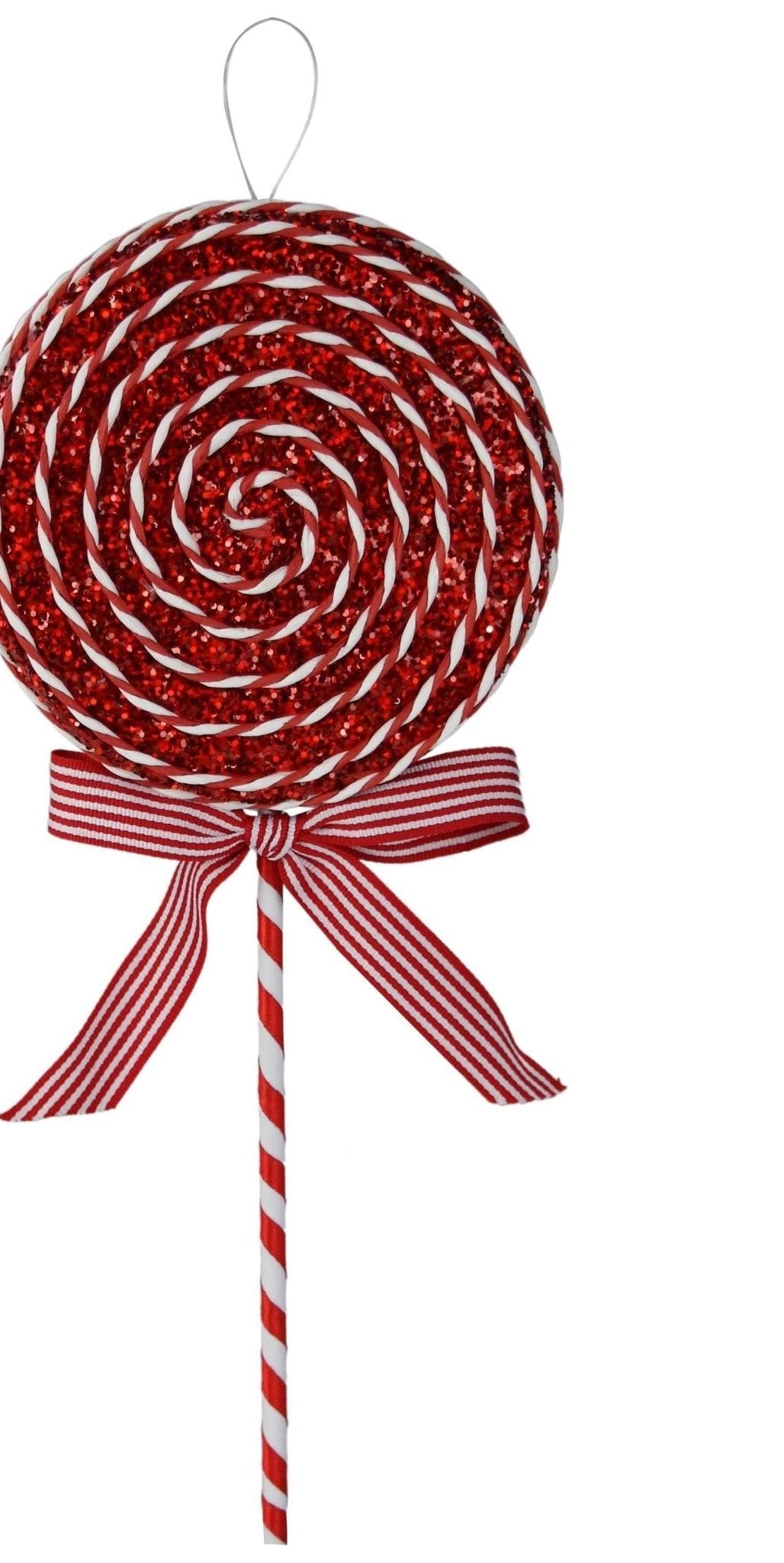 14" Glitter Lollipop Bow Pick: Red & White - Michelle's aDOORable Creations - Sprays and Picks