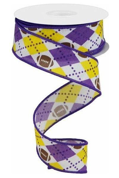 1.5" Argyle Footballs Ribbon: Yellow & Purple (10 Yards) - Michelle's aDOORable Creations - Wired Edge Ribbon