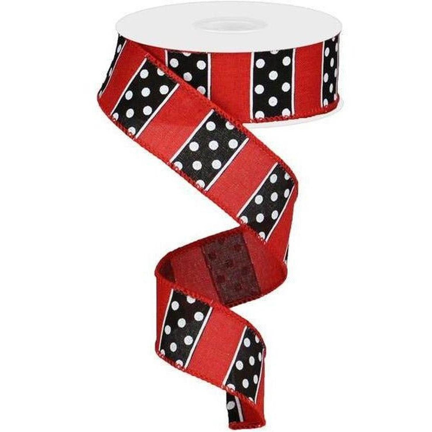1.5" B & W Polka Dot Stripes Ribbon: Red (10 Yards)