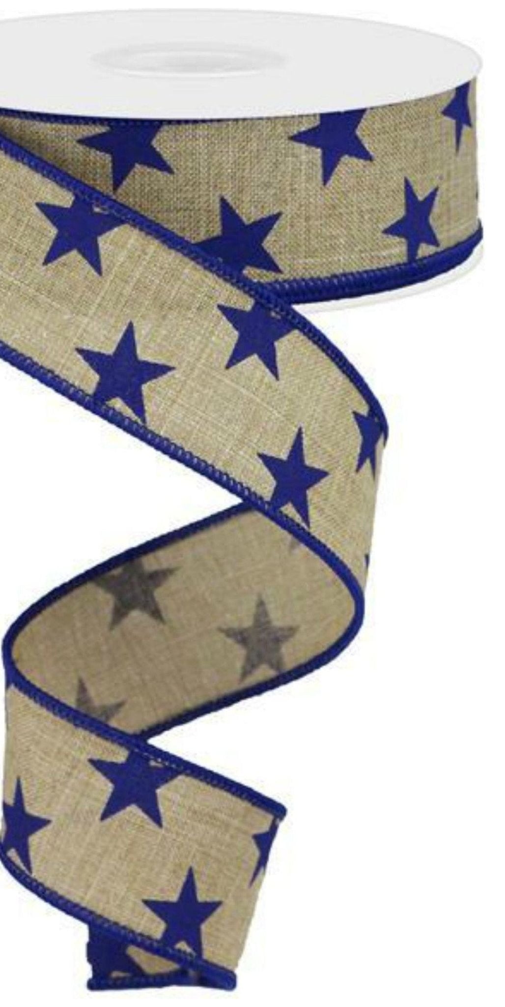 1.5" Beige Royal Canvas Ribbon: Blue Stars (10 Yards) - Michelle's aDOORable Creations - Wired Edge Ribbon