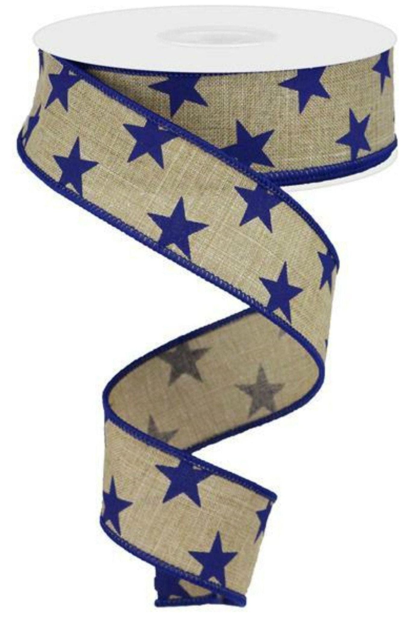 Shop For 1.5" Beige Royal Canvas Ribbon: Blue Stars (10 Yards) at Michelle's aDOORable Creations