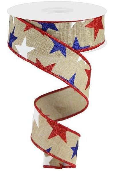 1.5" Beige Royal Canvas Ribbon: Patriotic Stars (10 Yards) - Michelle's aDOORable Creations - Wired Edge Ribbon