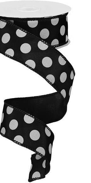1.5" Big Polka Dot Ribbon: Black & White (10 Yards) - Michelle's aDOORable Creations - Wired Edge Ribbon
