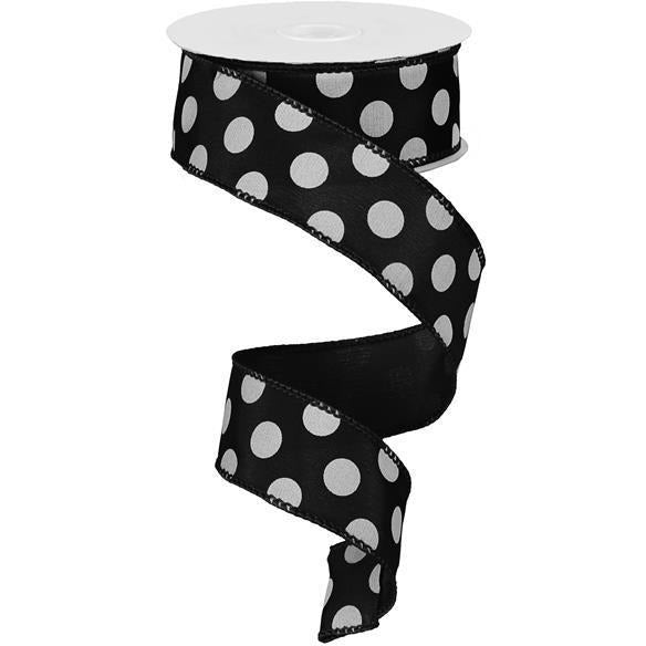 1.5" Big Polka Dot Ribbon: Black & White (10 Yards) - Michelle's aDOORable Creations - Wired Edge Ribbon