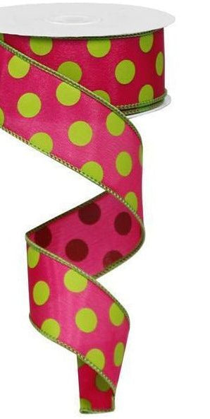1.5" Big Polka Dot Ribbon: Hot Pink & Lime (10 Yards) - Michelle's aDOORable Creations - Wired Edge Ribbon