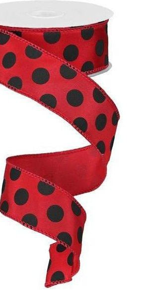 1.5" Big Polka Dot Ribbon: Red & Black (10 Yards) - Michelle's aDOORable Creations - Wired Edge Ribbon