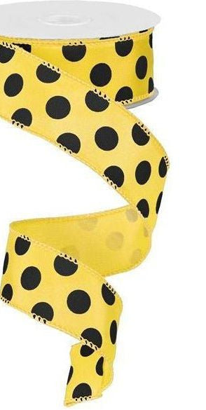 1.5" Big Polka Dot Ribbon: Yellow & Black (10 Yards) - Michelle's aDOORable Creations - Wired Edge Ribbon