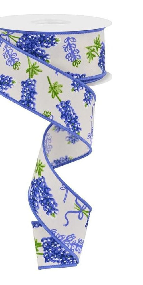 1.5" Bluebonnets Pattern Ribbon: Ivory (10 Yards) - Michelle's aDOORable Creations - Wired Edge Ribbon