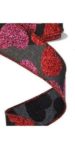 1.5" Bold Glitter Hearts Royal Ribbon: Black (10 Yards) - Michelle's aDOORable Creations - Wired Edge Ribbon