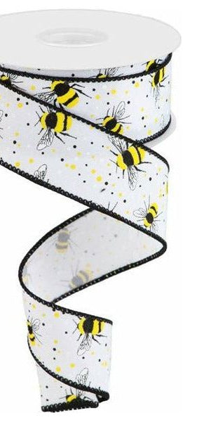 1.5" Bumble Bee On Diagonal Weave Ribbon: White (10 Yards) - Michelle's aDOORable Creations - Wired Edge Ribbon