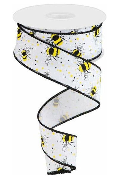 1.5" Bumble Bee On Diagonal Weave Ribbon: White (10 Yards) - Michelle's aDOORable Creations - Wired Edge Ribbon