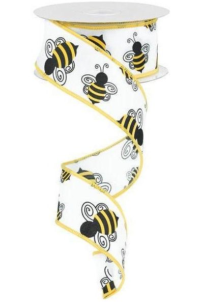 1.5" Bumble Bee Ribbon: White Satin (10 Yards) - Michelle's aDOORable Creations - Wired Edge Ribbon