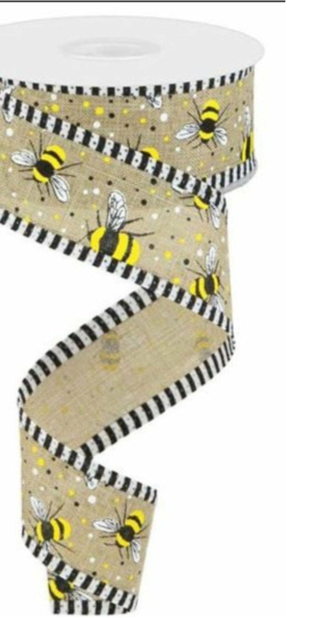 1.5" Bumble Bee Royal Stripe Ribbon: Beige (10 Yards) - Michelle's aDOORable Creations - Wired Edge Ribbon
