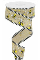 1.5" Bumble Bee Royal Stripe Ribbon: Beige (10 Yards) - Michelle's aDOORable Creations - Wired Edge Ribbon