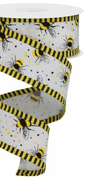 1.5" Bumble Bee Stripe Edge Ribbon: White (10 Yards) - Michelle's aDOORable Creations - Wired Edge Ribbon