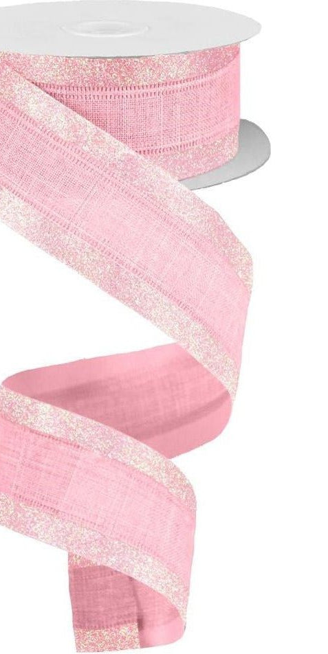 1.5" Canvas On Satin Glitter Ribbon: Light Pink (10 Yards) - Michelle's aDOORable Creations - Wired Edge Ribbon