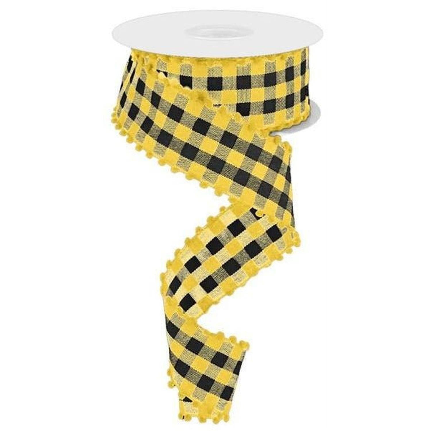 1.5" Check with Poms Ribbon: Yellow (10 Yards)