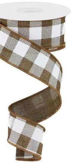 1.5" Checked Plaid Ribbon: Brown & White (10 Yards) - Michelle's aDOORable Creations - Wired Edge Ribbon