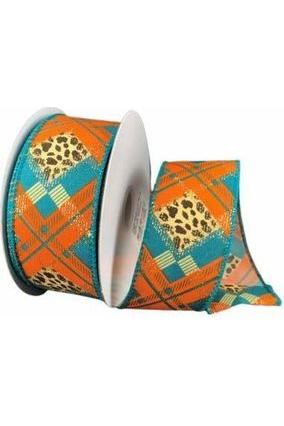 1.5" Cheetah Argyle Plaid Ribbon: Teal & Orange (10 Yards) - Michelle's aDOORable Creations - Wired Edge Ribbon