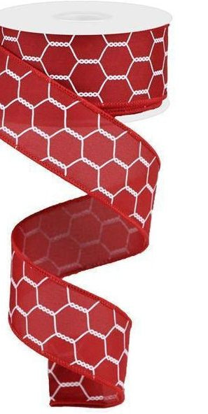 1.5" Chicken Wire Ribbon: Red Cranberry & White (10 Yards) - Michelle's aDOORable Creations - Wired Edge Ribbon