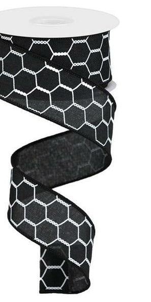 1.5" Chicken Wire Royal Ribbon: Black/White (10 Yards) - Michelle's aDOORable Creations - Wired Edge Ribbon