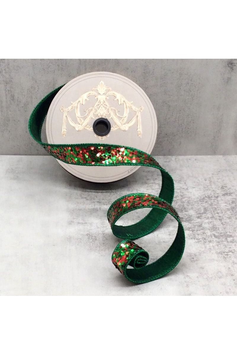 1.5" Cirque Glitter Ribbon: Emerald Green/Red (10 Yards) - Michelle's aDOORable Creations - Wired Edge Ribbon