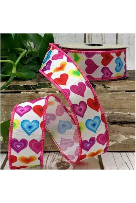 1.5" Colorful Hearts Ribbon: White (10 Yards) - Michelle's aDOORable Creations - Wired Edge Ribbon