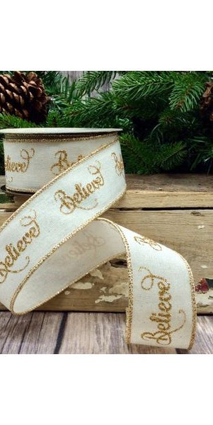 1.5" Cotton Linen Believe Ribbon: Ivory/Gold (10 Yards) - Michelle's aDOORable Creations - Wired Edge Ribbon