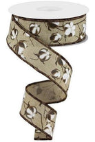 1.5" Cotton Pod Ribbon: Brown & White (10 Yards) - Michelle's aDOORable Creations - Wired Edge Ribbon