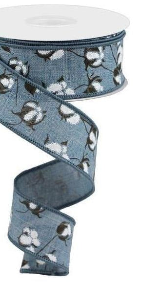 1.5" Cotton Pod Ribbon: Faded Denim & White (10 Yards) - Michelle's aDOORable Creations - Wired Edge Ribbon