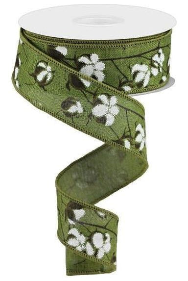 1.5" Cotton Pod Ribbon: Moss Green & White (10 Yards) - Michelle's aDOORable Creations - Wired Edge Ribbon