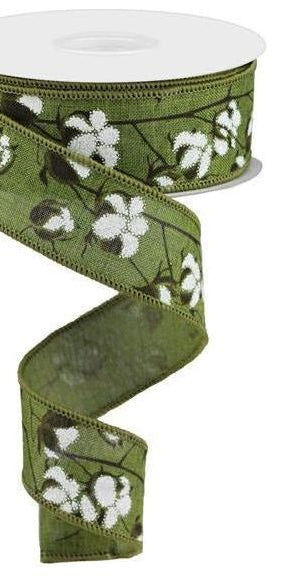 1.5" Cotton Pod Ribbon: Moss Green & White (10 Yards) - Michelle's aDOORable Creations - Wired Edge Ribbon