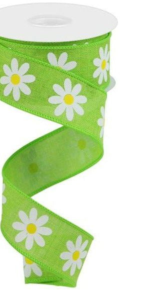 1.5" Daisy Royal Ribbon: Lime Green (10 Yards) - Michelle's aDOORable Creations - Wired Edge Ribbon
