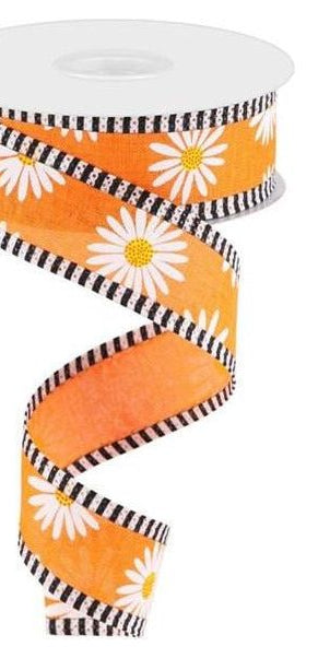 1.5" Daisy Stripe Royal Ribbon: New Orange (10 Yards) - Michelle's aDOORable Creations - Wired Edge Ribbon
