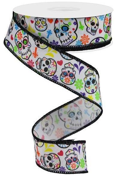 1.5" Day of the Dead Ribbon: White (10 Yards) - Michelle's aDOORable Creations - Wired Edge Ribbon