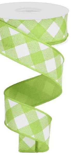 1.5" Diagonal Check On Royal Ribbon: Bright Green & White (10 Yards) - Michelle's aDOORable Creations - Wired Edge Ribbon