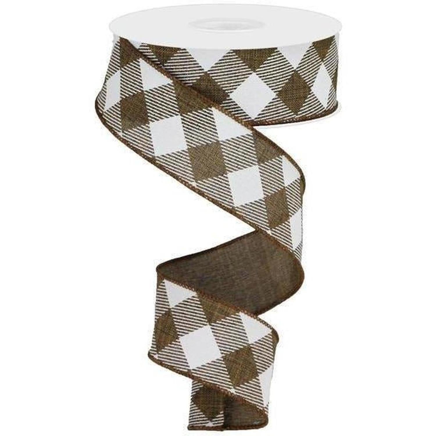1.5" Diagonal Check On Royal Ribbon: Brown & White (10 Yards)