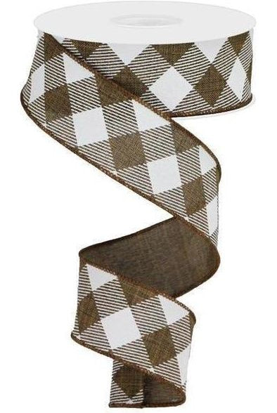 1.5" Diagonal Check On Royal Ribbon: Brown & White (10 Yards) - Michelle's aDOORable Creations - Wired Edge Ribbon