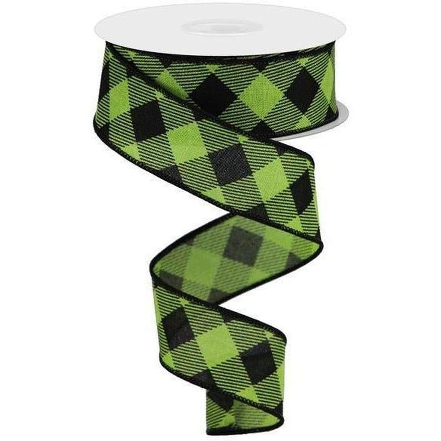 Shop For 1.5" Diagonal Check On Royal Ribbon: Lime Green (10 Yards) at Michelle's aDOORable Creations