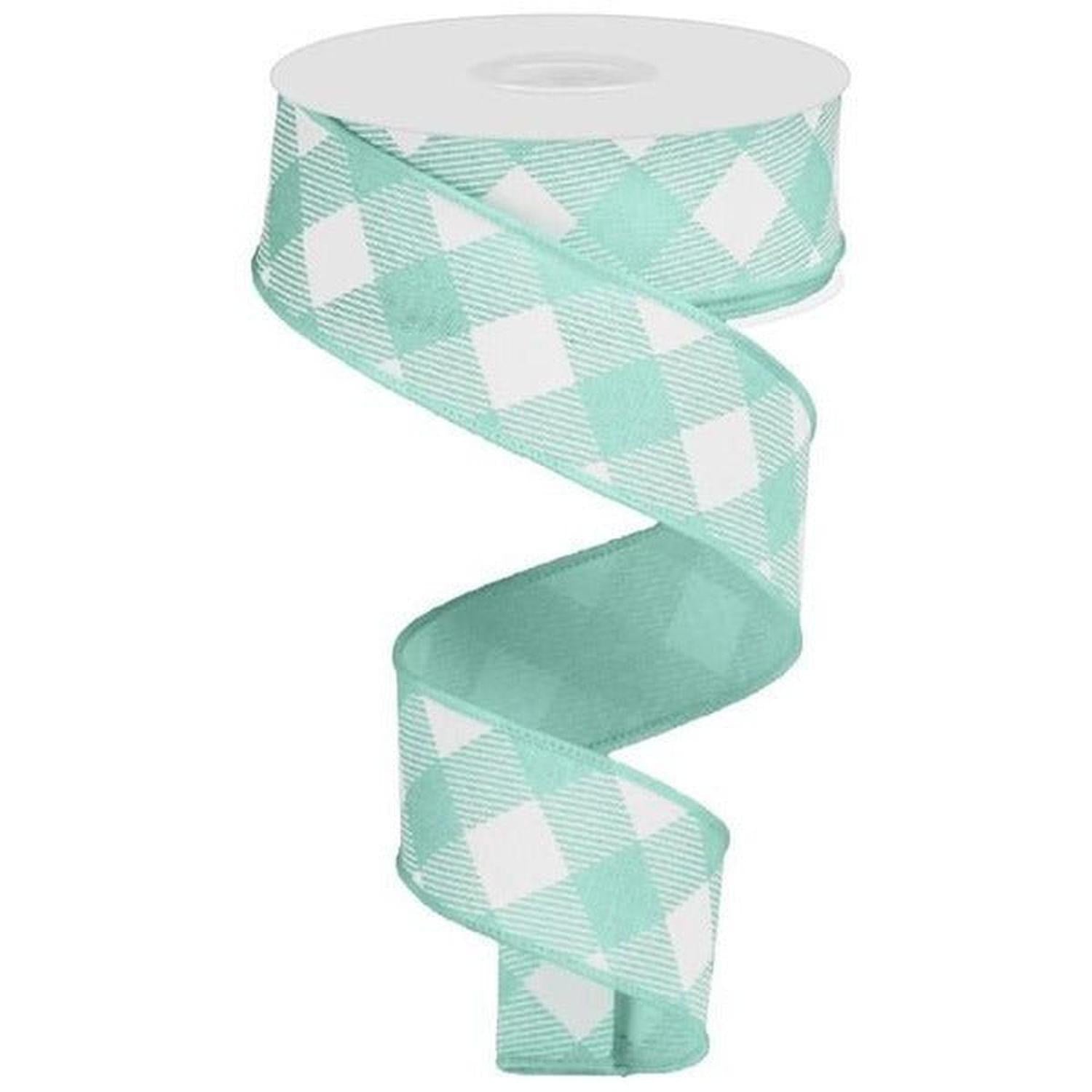 1.5" Diagonal Check On Royal Ribbon: Mint Green & White (10 Yards)
