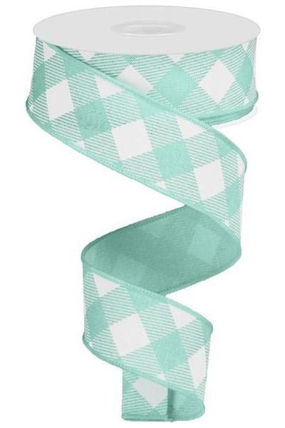 Shop For 1.5" Diagonal Check On Royal Ribbon: Mint Green & White (10 Yards) at Michelle's aDOORable Creations