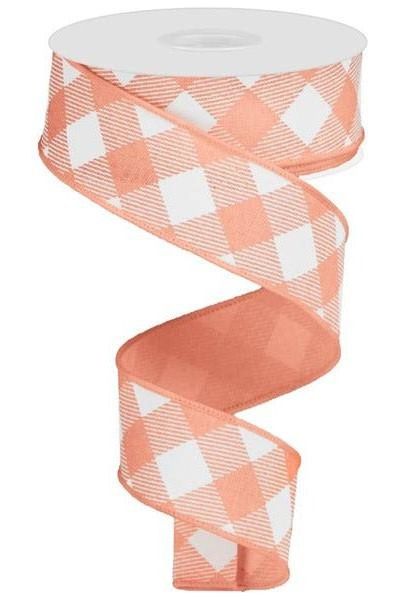 Shop For 1.5" Diagonal Check On Royal Ribbon: Peach & White (10 Yards) at Michelle's aDOORable Creations