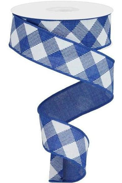 1.5" Diagonal Check On Royal Ribbon: Royal Blue (10 Yards) - Michelle's aDOORable Creations - Wired Edge Ribbon