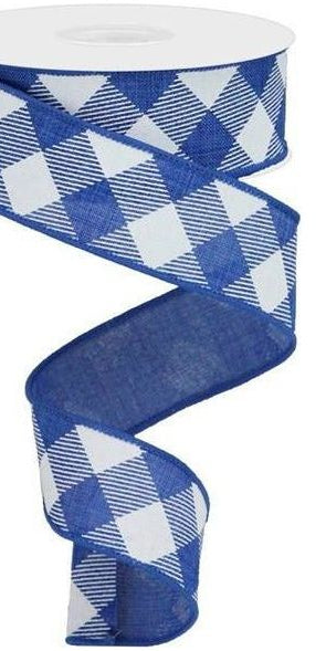 1.5" Diagonal Check On Royal Ribbon: Royal Blue (10 Yards) - Michelle's aDOORable Creations - Wired Edge Ribbon